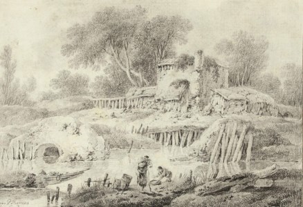 A wooded river landscape with figures resting on the bank