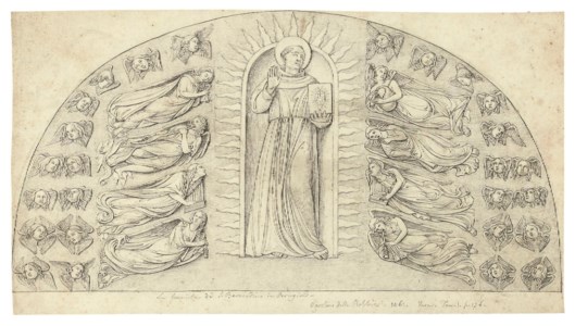 Fifteen studies after works in Perugia, Viterbo, Lucca, Venice and Rome including: S. Bernardino in Glory with Angels by Duccio (illustrated); St Stephen Preaching by Fra Angelico; St Catherine disputing with the Doctors by Masaccio; Abraham-Isaac-Jacob-Judah from the Sistine Chapel by Michelangelo; relief-sculpture on the fountain at Perugia by Giovanni Pisano; and relief-sculpture on the facade of Lucca Cathedral by Nicolo Pisano