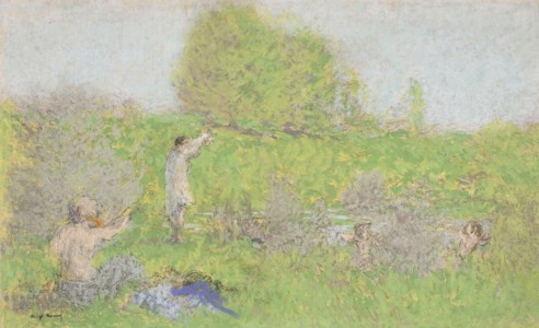 Femme et enfants au bord d'une rivière