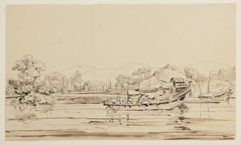 Joncque sur un fleuve conduite par des chinois