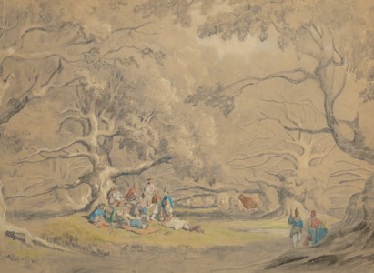 Mucisiens et bergers avec leur troupeau sous les arbres
