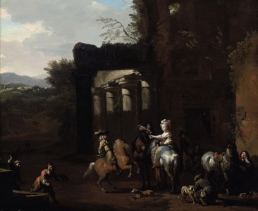 A hunting party at rest beside classical ruins