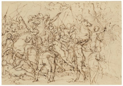 An equestrian battle scene ( recto ); Two studies of the head of Lorenzo de' Medici, after Michelangelo ( verso )