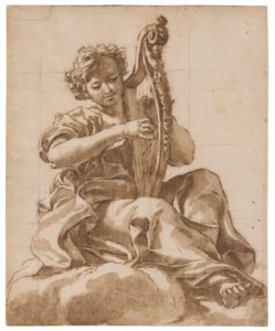 An angel seated on a cloud, playing a harp
