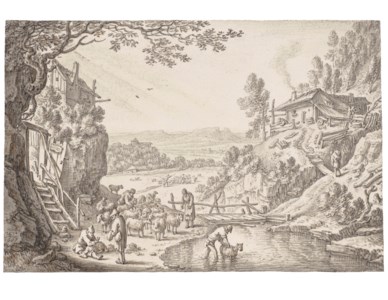 The month June: A river landscape with sheep being washed and sheared