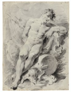 A chained slave, seated on armory