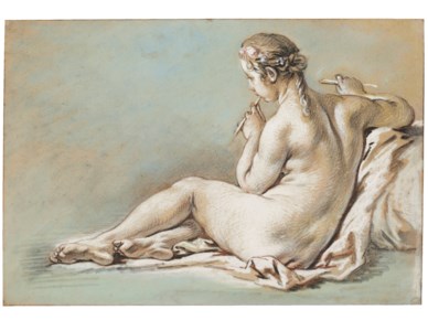 A nude woman playing a flute, seen from behind