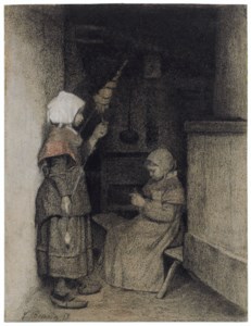 Two girls spinning and knitting
