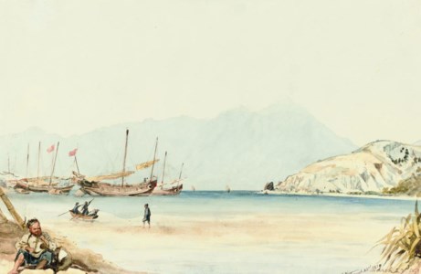 Junks at anchor in a bay