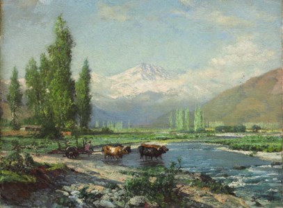 A farmer and oxen fording the Aconcagua river, the Andes beyond