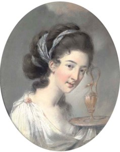 Portrait of Lady Loft as Hebe, Goddess of Youth, bust-length, in white classical dress and fillet, holding a ewer and dish