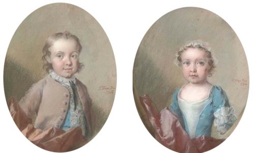 Portrait of a young boy, half-length, in a brown coat and blue waistcoat; and Portrait of a young girl, half-length, in a blue dress