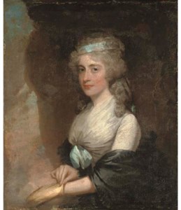 Portrait of Charlotte Grierson, of Rathfarnham House, Co. Dublin, half-length, in a white dress with a blue bow and a black shawl, putting on a glove