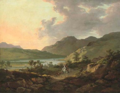 Mountainous lake landscape with travellers on a path in the foreground and boats on the lake beyond