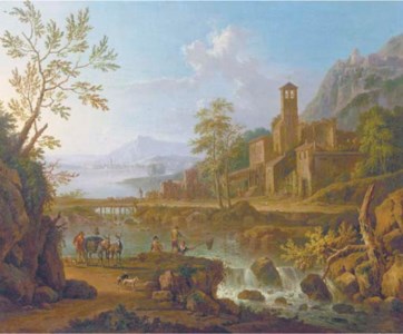 An Italianate river landscape with a muleteer and anglers, a hilltop town beyond