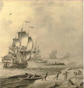 Whaling ships in rough waters with whale hunters bringing in their catch; en grisaille