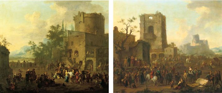 An Italianate town with figures gathered around a 'commedia dell'arte' play, a castle on a hill beyond; and An Italianate town with figures dancing the 'Saltarello' and making music