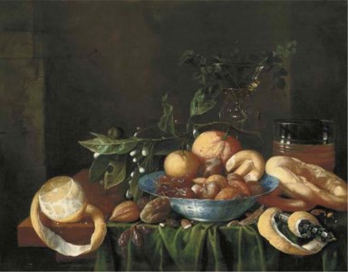 Oranges, nuts, dates, figs and a sprig of laurel in a Wanli 'kraak porselein' bowl with a peeled lemon, a knife, bread and a 'façon de Venise' of white wine on a partially draped table