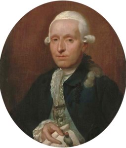 Portrait of a nobleman, half-length, in a blue embroidered vest, lace collar and cuffs and a dark blue coat, holding a drawing of a bird in his right hand