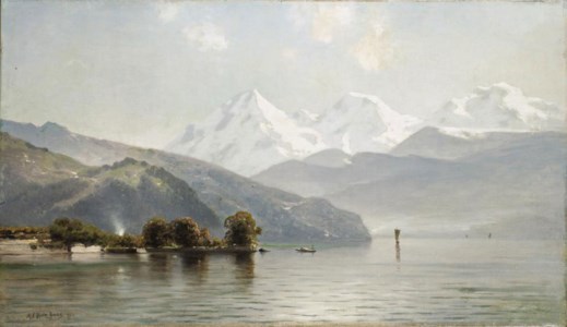 A view of the Thunersee with the mountains Eiger, Mönch and Jungfrau beyond, Switzerland
