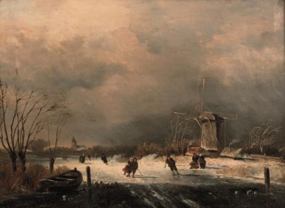 Numerous figures on a frozen waterway