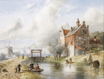 Figures near a lock on a summer's day