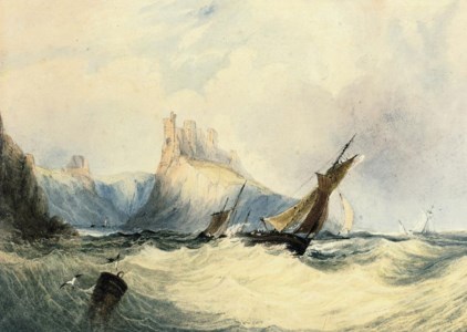 Fishing boats in a heavy swell off Lindisfarne Castle, Holy Island