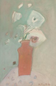Still life of a red vase with white flowers