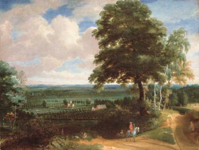 A panoramic landscape with a huntsman on a path and a manor house with formal gardens beyond