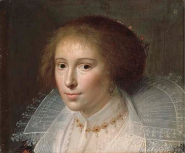 Portrait of a lady, bust-length, in a white dress with lace collar and a gold and pearl necklace