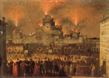 A firework display at the Castel San' Angelo, Rome