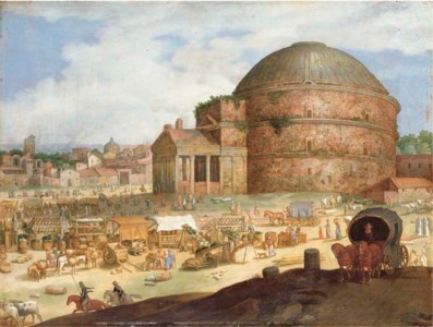 A view of the Pantheon, Rome, with townsfolk at a market