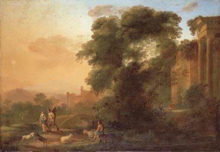 An Italianate landscape with a couple on a path by a river, a shepherd resting with his flock and men collecting water by classical ruins