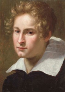 Portrait of a young man, bust-length, in a black coat and white collar