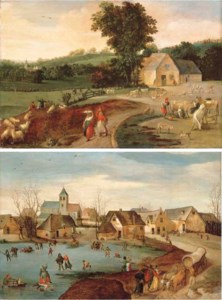 Summer: a landscape with peasants, cattle and sheep by a farm house; and Winter: a village scene with skaters on a frozen lake