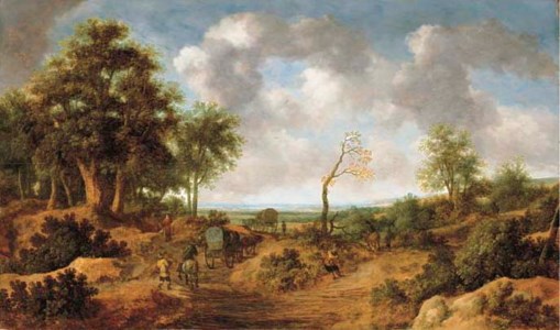 A wooded landscape with travellers in wagons on a path