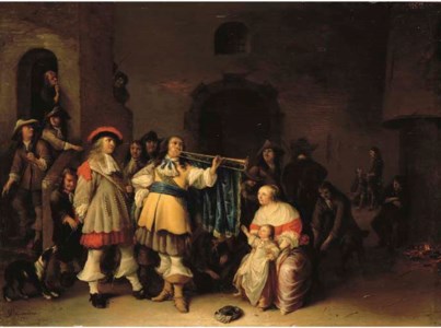 A guardroom interior with an officer sounding a trumpet before a mother and child