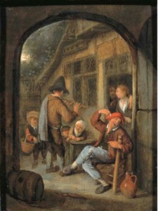Peasants by a doorway with a pipe player, through an open arch
