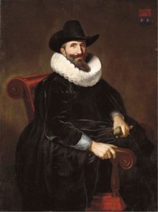 Portrait of Elias van Cuelen (c. 1585-c. 1652), seated, three-quarter-length, in a black velvet doublet with a white lace ruff and a black hat, holding gloves in his left hand