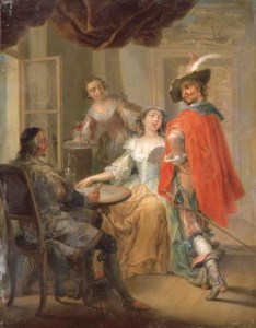 Elegant company playing cards around a table in an interior