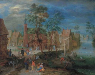 A village scene with peasants strolling by a river bank