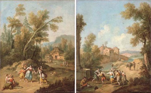 An Italianate wooded landscape with young peasant women playing blind-man's-buff; and An Italianate river landscape with peasants making music and dancing