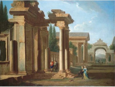 A capriccio of classical ruins with elegant figures promenading