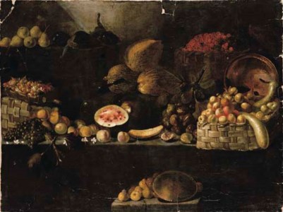 A basket of apples, calabashes, an upturned copper vessel, figs, melons, with other fruit on rocky ledges