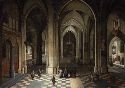 The interior of a cathedral at night, with elegant figures attending a Mass