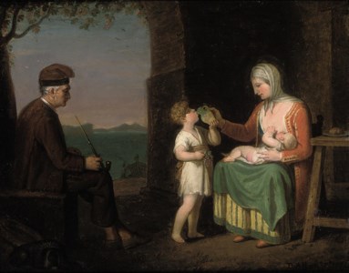 A family of the island of Procida with Vesuvius in the background