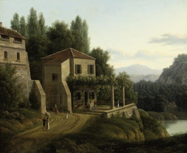 An Italianate river landscape with elegant company before a villa