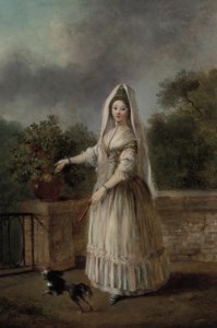 Portrait of a lady, full-length, in masquerade dress, on a terrace with a spaniel