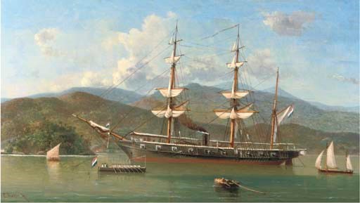 A Dutch naval barque anchored off a foreign coast