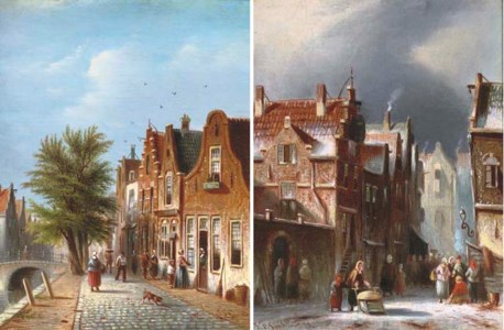 A snow covered town; and Along a canal in summer